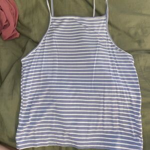Blue Striped High Neck Crop Top